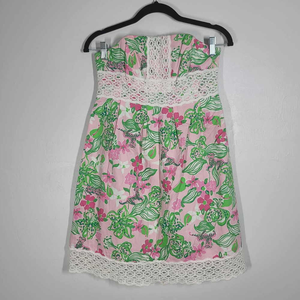 Lilly Pulitzer A-Line Dress Size 2 Strapless Lace Trim Floral Print Green Pink